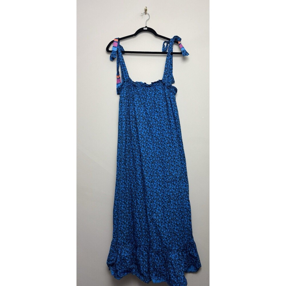 Addison Bay Womens Maxi Dress Size Medium Blue Floral Print Cotton Tie Shoulder